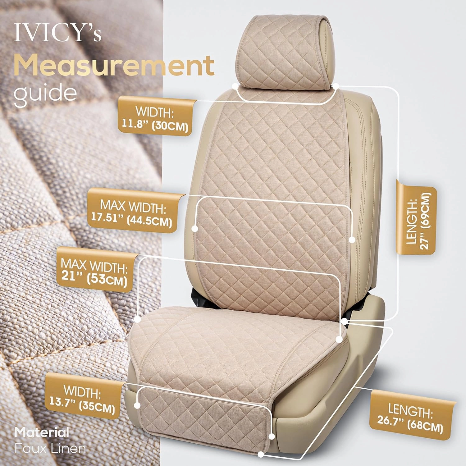 IVICY Linen Car Seat Cover for Cars - Non-Slip Soft & Breathable - Front Car Seat Protector Covers Universal Fits Most Automotive, Vans, SUVs, Trucks - 1 Unit - Beige