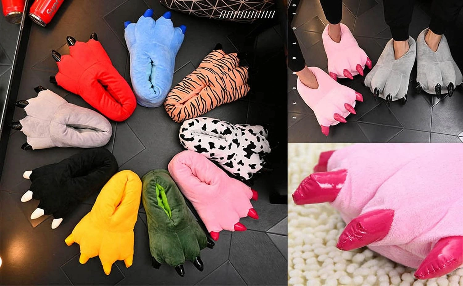 IXITON Unisex Funny Animal Paw slippers Shoes Furry Dinosaur bear Claw Slippers Cartoon plush slippers
