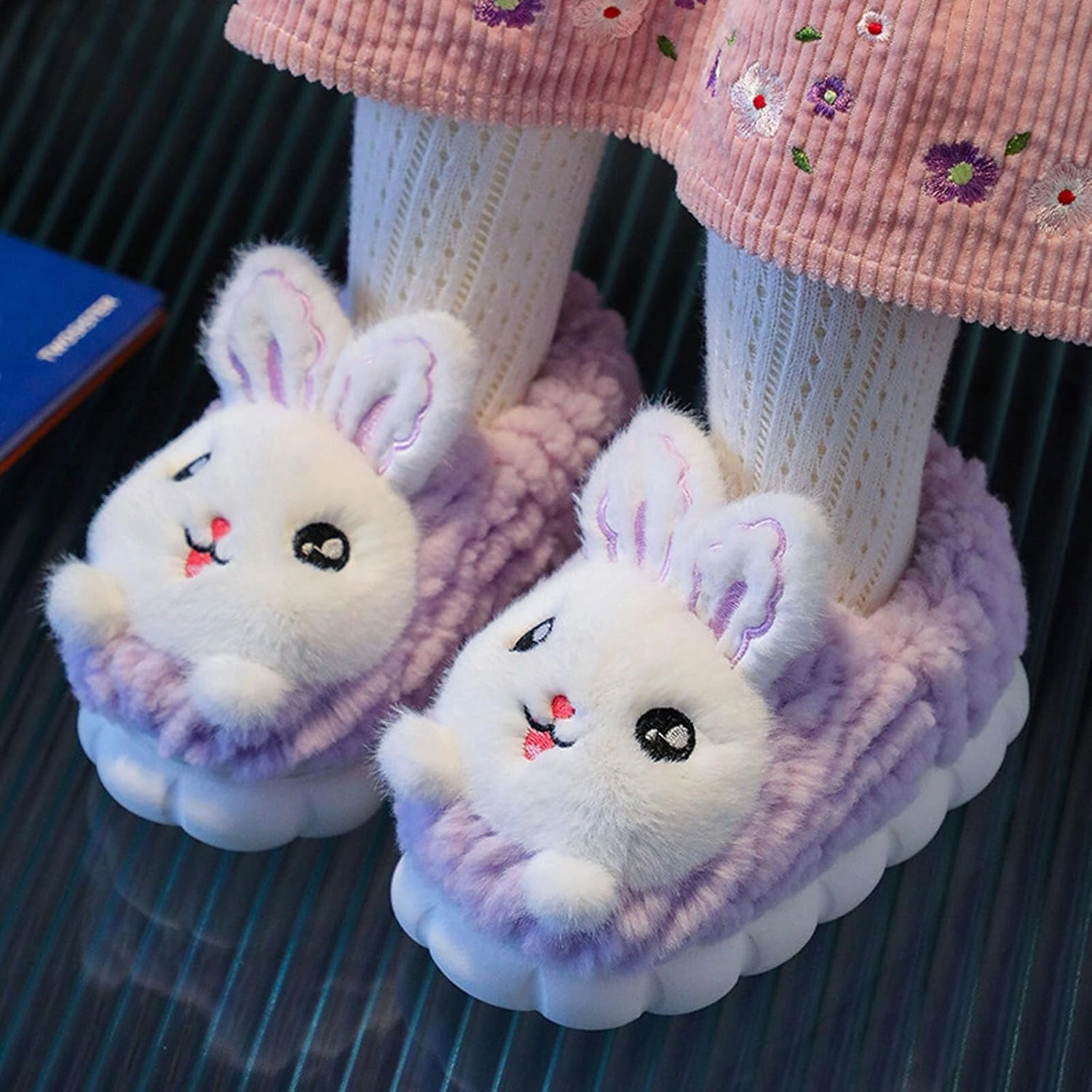 JadeRich Boys Girls Cartoon Animal Bunny Panda Slippers Soft Fuzzy Curly Fleece Winter House Shoes for Toddlers/Little Kids