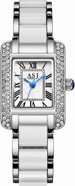 JewelryWe Women's Ceramic Rectangular Watch: Easy to Read Analog Quartz White Rose Gold Silver Tone Watch Strap Exquisite Bracelet Watch