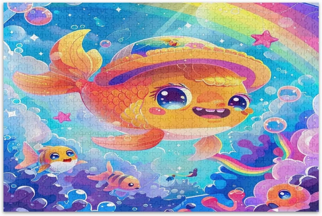 Jigsaw Puzzle Cute Cartoon Fish Wearing Hat 1000 Piece Puzzles Puzzles for Kids Ages 4-6 Games for Puzzle Lovers