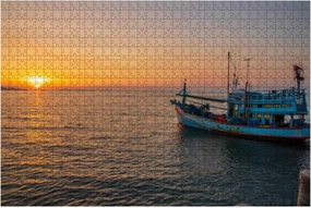 Jigsaw Puzzles 500 Pieces for Adults Kids - A fishing boat at a pier early evening during sunset time Large Puzzles Pieces Fit Together Educational Intellectual Fun Game