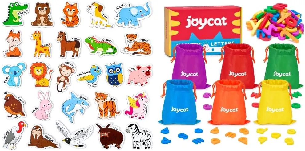 JoyCat Wooden Magnets for Kids – 26 Cute A-Z Animals Fridge Magnets for Toddlers   Rainbow Plastic Letters Magnets Set for Kindergarten Classroom (Set of 6)