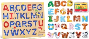 JoyCat Wooden Thick Alphabet Magnets with Magnetic Letter Board, Alphabet Tracing Board for Toddlers ABC Magnets Letter Writing Practice, Preschool Learning Education Toys