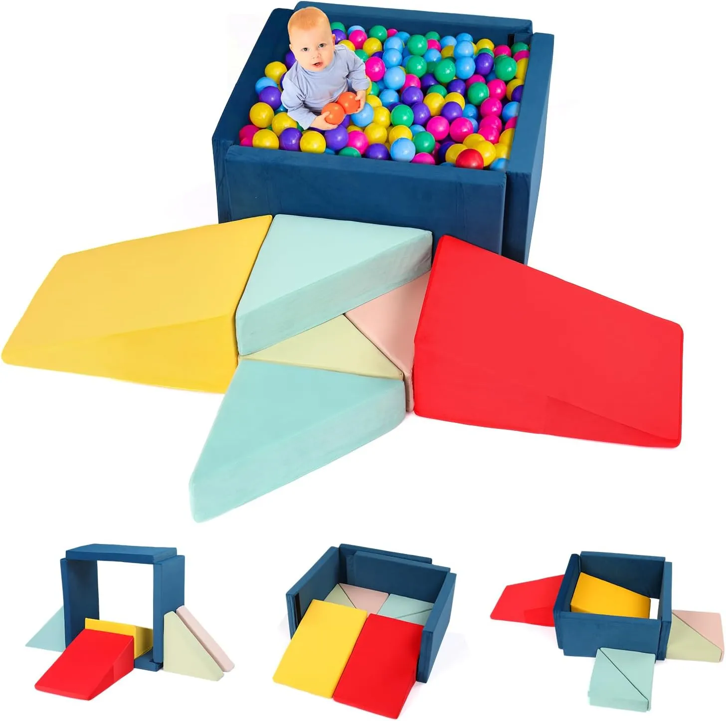 JOYMOR 8-Piece Fabric Soft Foam Climbing Blocks with Ball Pit for Toddlers, (26''x26''x16'') Baby Climbing Toys for Toddlers 1-3 Inside - Soft Play Set for Kids' Development, Gross Motor Skills