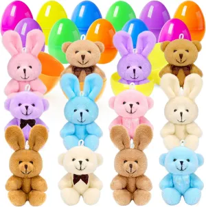 Jumlys 12 Pack Prefilled Easter Eggs with Stuffed Animal Toys, Surprise Plastic Easter Eggs Filled with Plush Bunny and Bear for Kids, Perfect for Easter Egg Hunt , Basket Stuffers and Party Favors