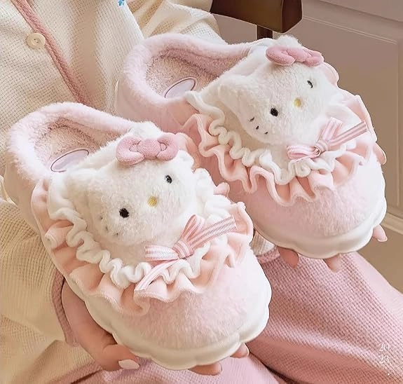 Kawaii Anime women cotton slippers Cute plush slippers silent and warm indoor home shoes