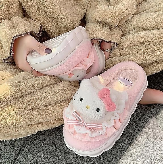 Kawaii Anime women cotton slippers Cute plush slippers silent and warm indoor home shoes