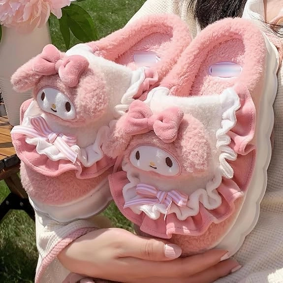 Kawaii Anime women cotton slippers Cute plush slippers silent and warm indoor home shoes