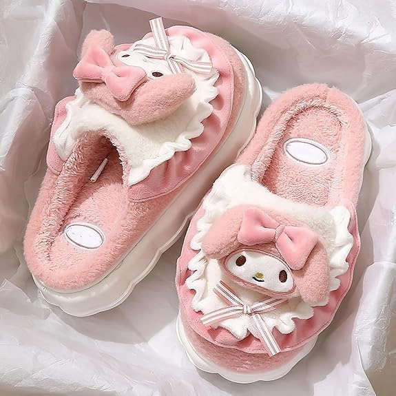 Kawaii Anime women cotton slippers Cute plush slippers silent and warm indoor home shoes