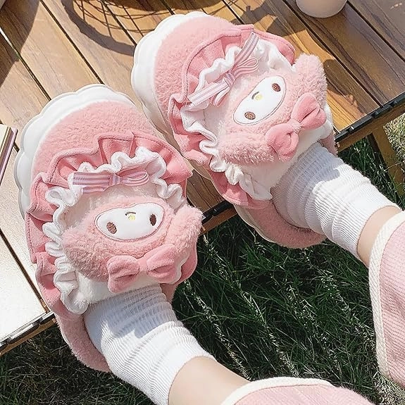 Kawaii Anime women cotton slippers Cute plush slippers silent and warm indoor home shoes