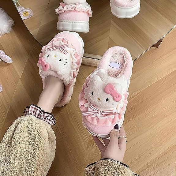 Kawaii Anime women cotton slippers Cute plush slippers silent and warm indoor home shoes