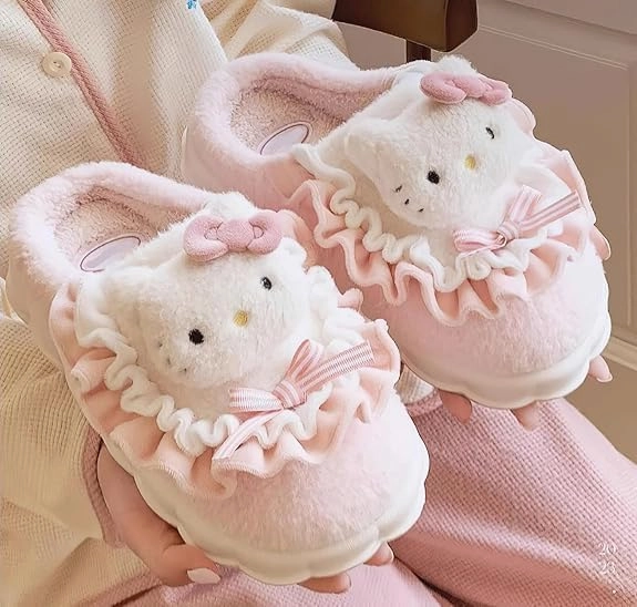 Kawaii Anime women cotton slippers Cute plush slippers silent and warm indoor home shoes