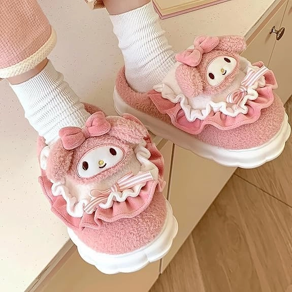Kawaii Anime women cotton slippers Cute plush slippers silent and warm indoor home shoes
