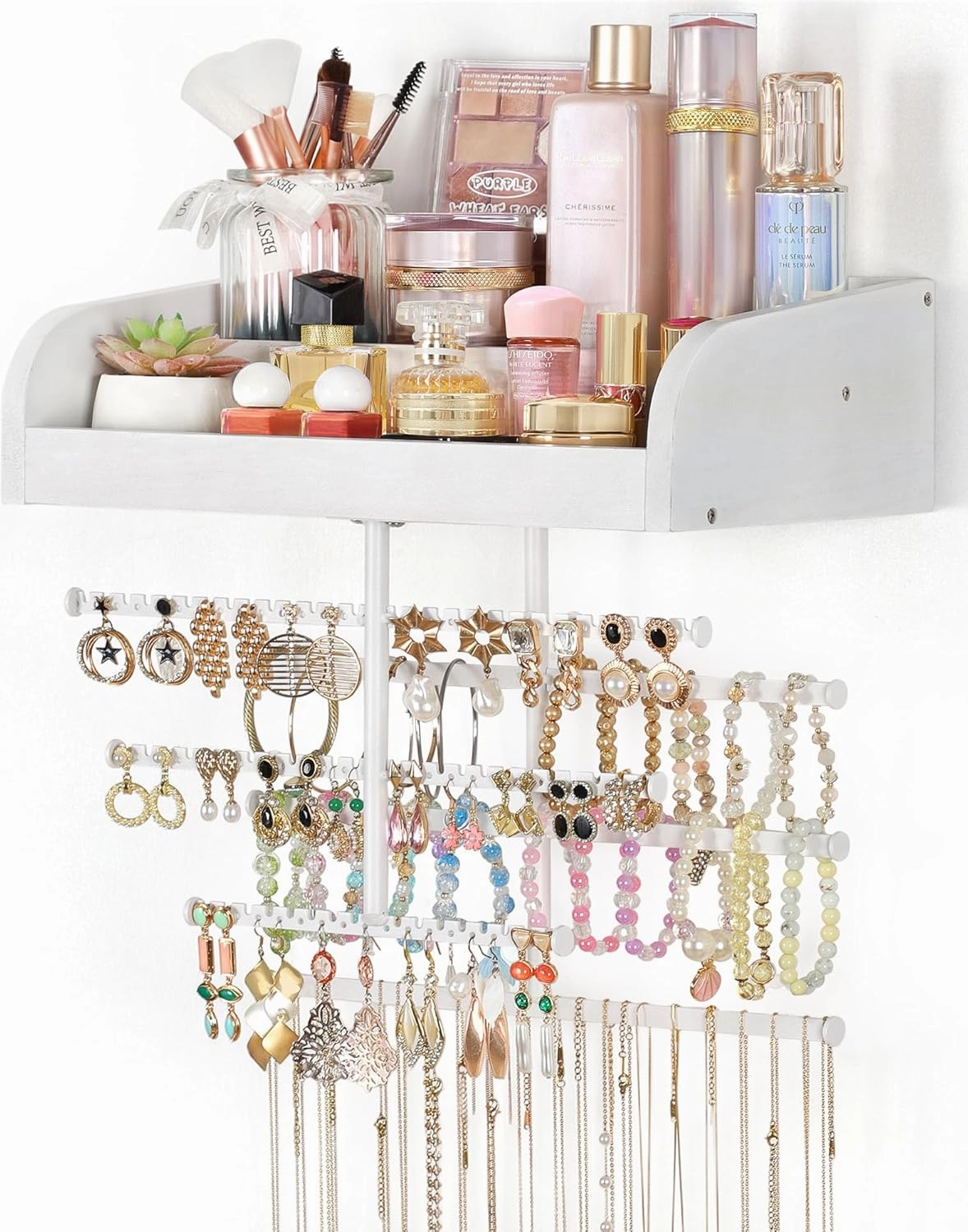 Keebofly Wall Mounted Jewelry Organizer 7-in-1 with Large Stepped Rustic Whitewood Shelves - Iron Jewelry Holder for Earring, Necklace, Bracelet Storage   Makeup/Perfume/Nail Polish Display