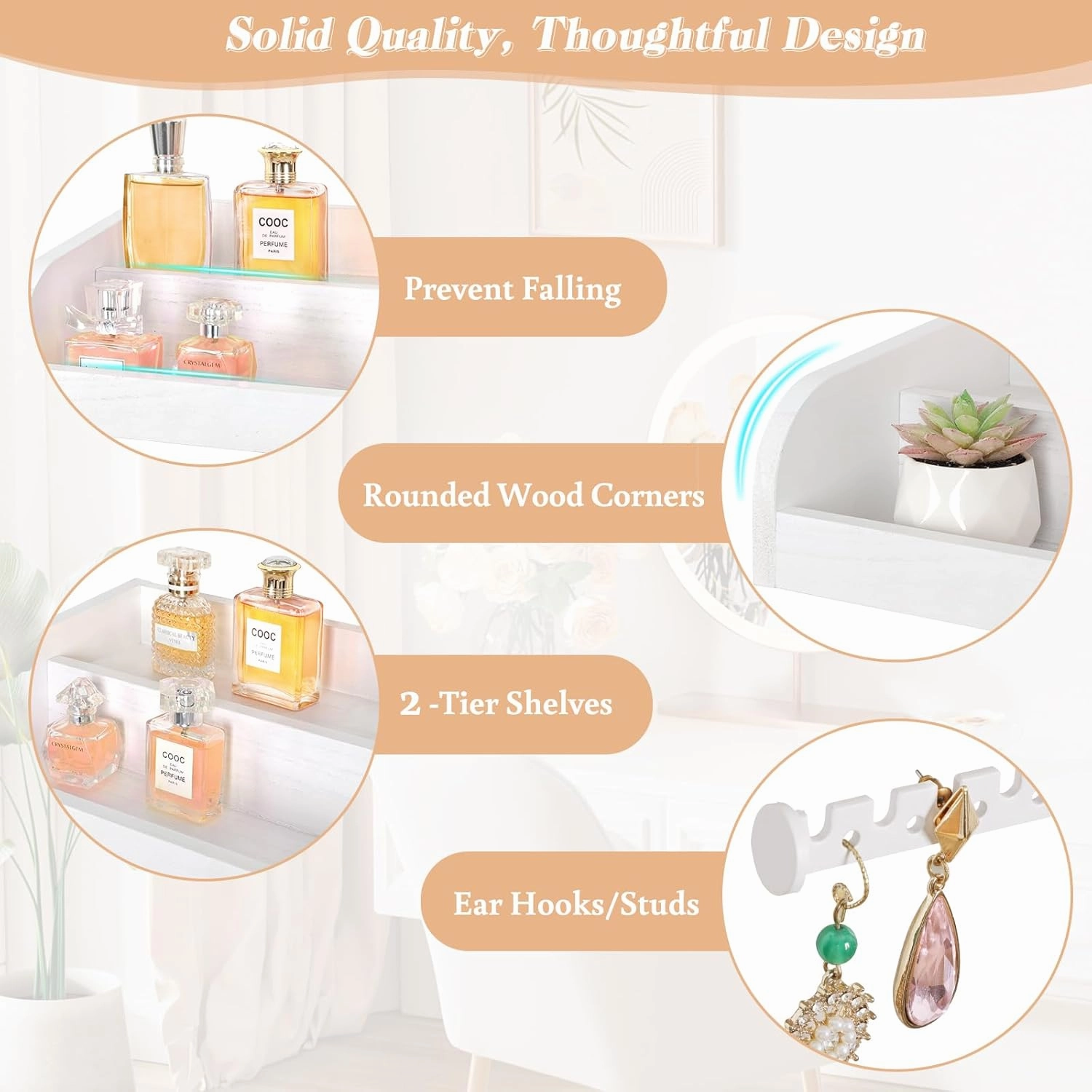 Keebofly Wall Mounted Jewelry Organizer 7-in-1 with Large Stepped Rustic Whitewood Shelves - Iron Jewelry Holder for Earring, Necklace, Bracelet Storage   Makeup/Perfume/Nail Polish Display
