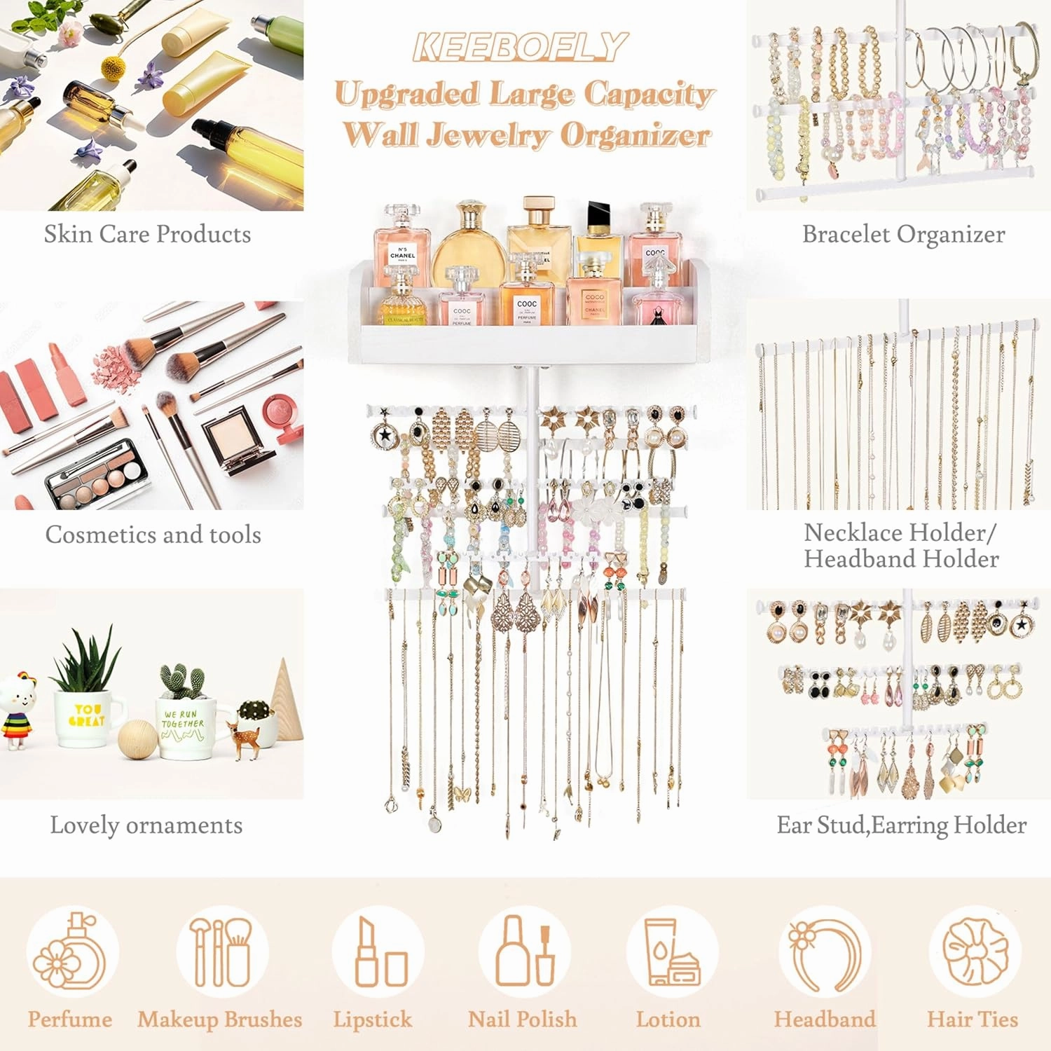 Keebofly Wall Mounted Jewelry Organizer 7-in-1 with Large Stepped Rustic Whitewood Shelves - Iron Jewelry Holder for Earring, Necklace, Bracelet Storage   Makeup/Perfume/Nail Polish Display