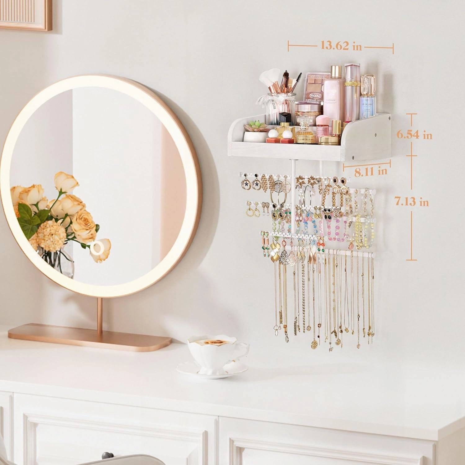 Keebofly Wall Mounted Jewelry Organizer 7-in-1 with Large Stepped Rustic Whitewood Shelves - Iron Jewelry Holder for Earring, Necklace, Bracelet Storage   Makeup/Perfume/Nail Polish Display