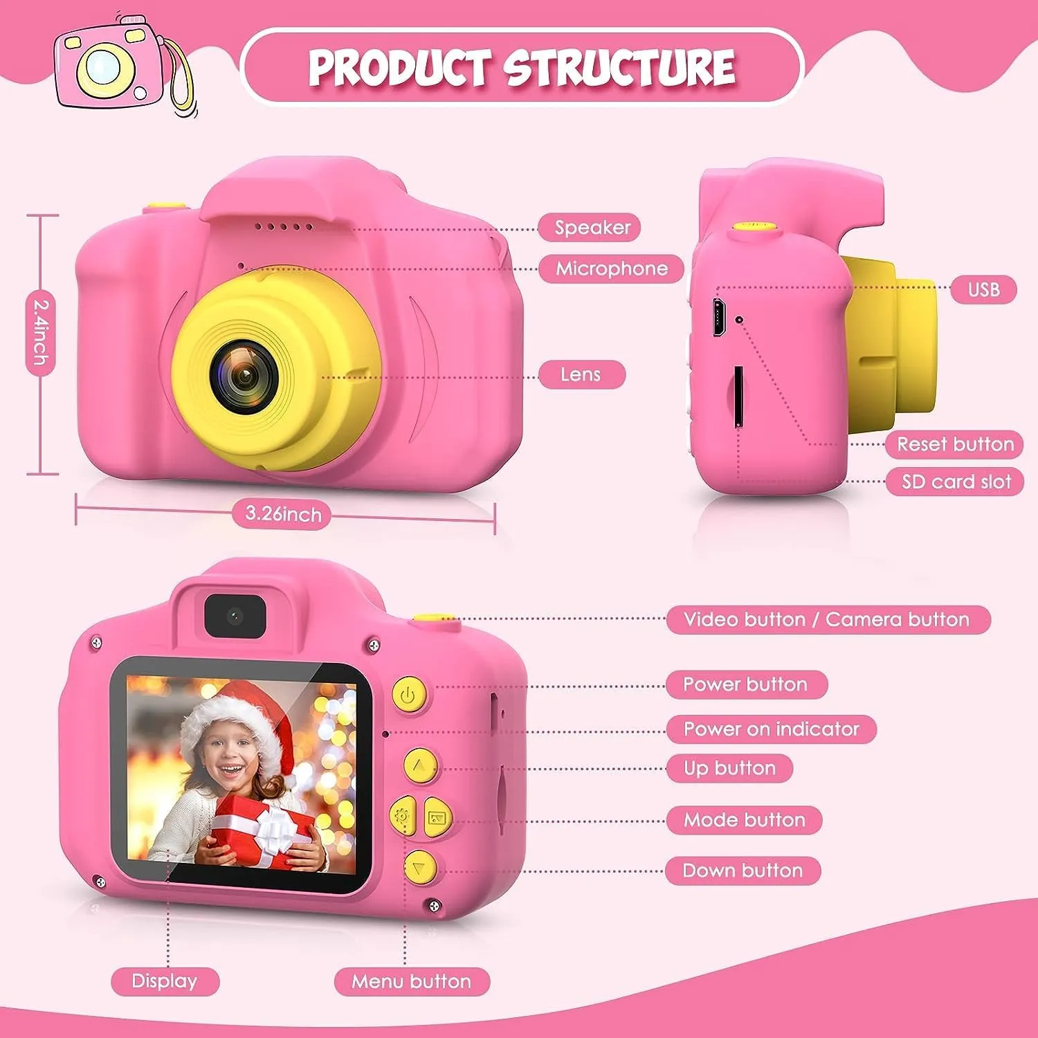 Kids Camera,Christmas Birthday Gifts for Girls Age 3-9, HD Digital Video Cameras for Toddler Portable Toys for 3 4 5 6 7 8 Year Old Girl 32GB