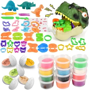 Kids Dough Play Tools Toys - 55PCS Dinosaur Clay Molds, Sliding Dinosaur Storage Box with Lighting & Sounds, Play Clay Shape Molds, Dough Set Toy for Boys Girls Age 3 4 5 6 7 8