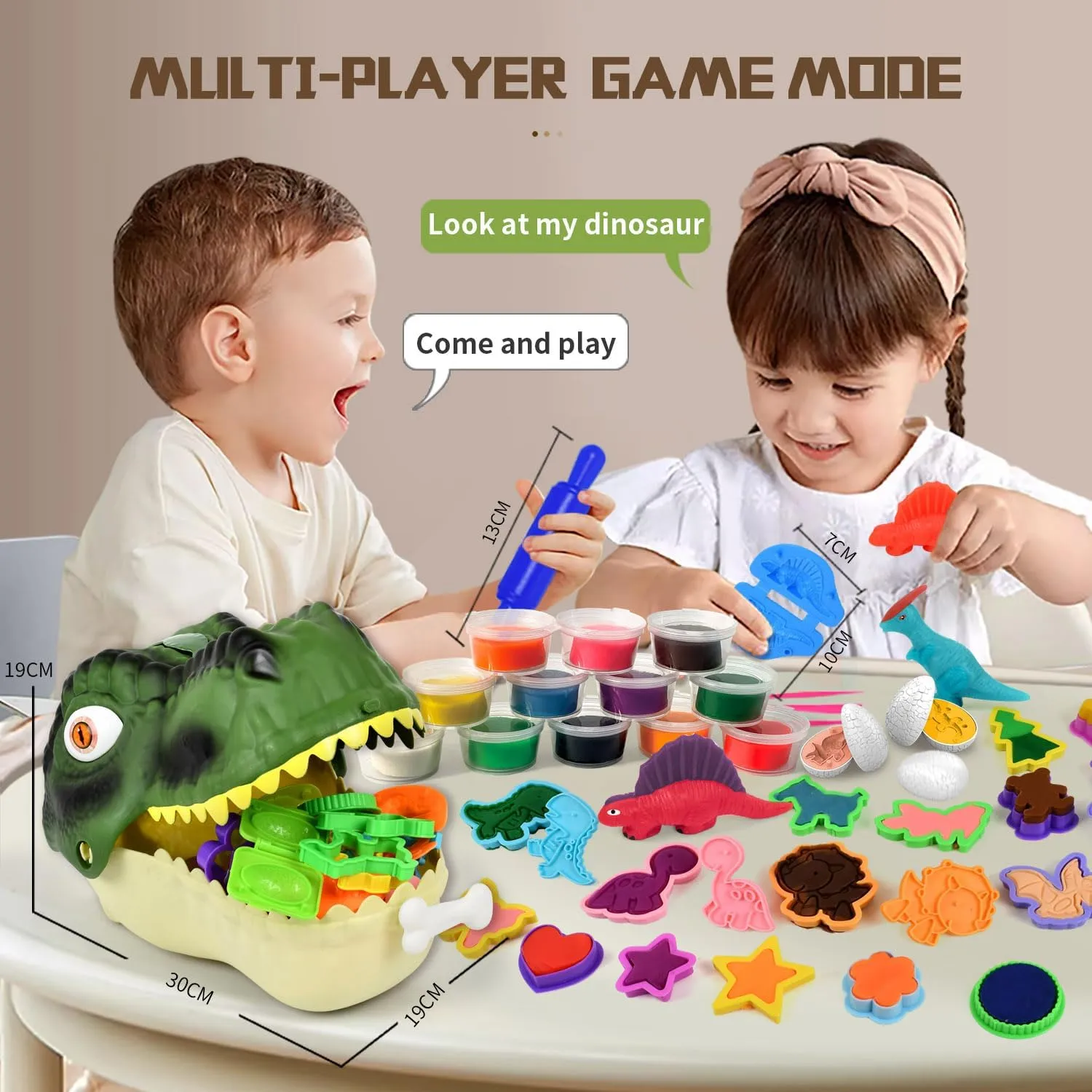 Kids Dough Play Tools Toys - 55PCS Dinosaur Clay Molds, Sliding Dinosaur Storage Box with Lighting & Sounds, Play Clay Shape Molds, Dough Set Toy for Boys Girls Age 3 4 5 6 7 8