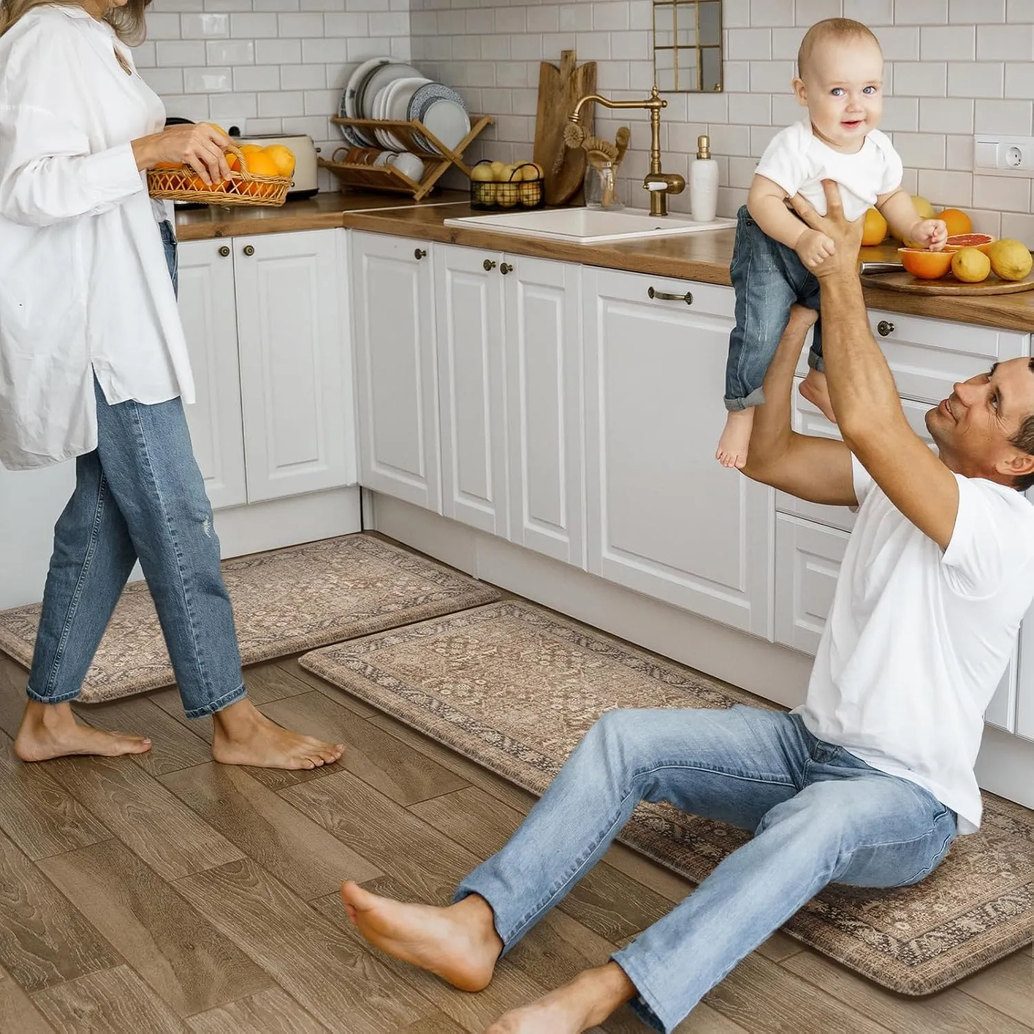 KIMODE Anti Fatigue Kitchen Mat, Boho Distressed Kitchen Rugs Sets of 2, Non Slip Kitchen Mat for Floor, Cushioned Comfort Standing Mat for Sink, Laundry, Office, Desk 17"x47" 17"x29"