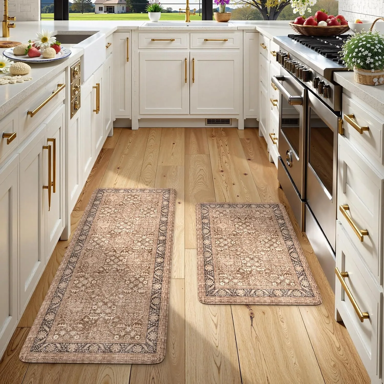 KIMODE Anti Fatigue Kitchen Mat, Boho Distressed Kitchen Rugs Sets of 2, Non Slip Kitchen Mat for Floor, Cushioned Comfort Standing Mat for Sink, Laundry, Office, Desk 17"x47" 17"x29"