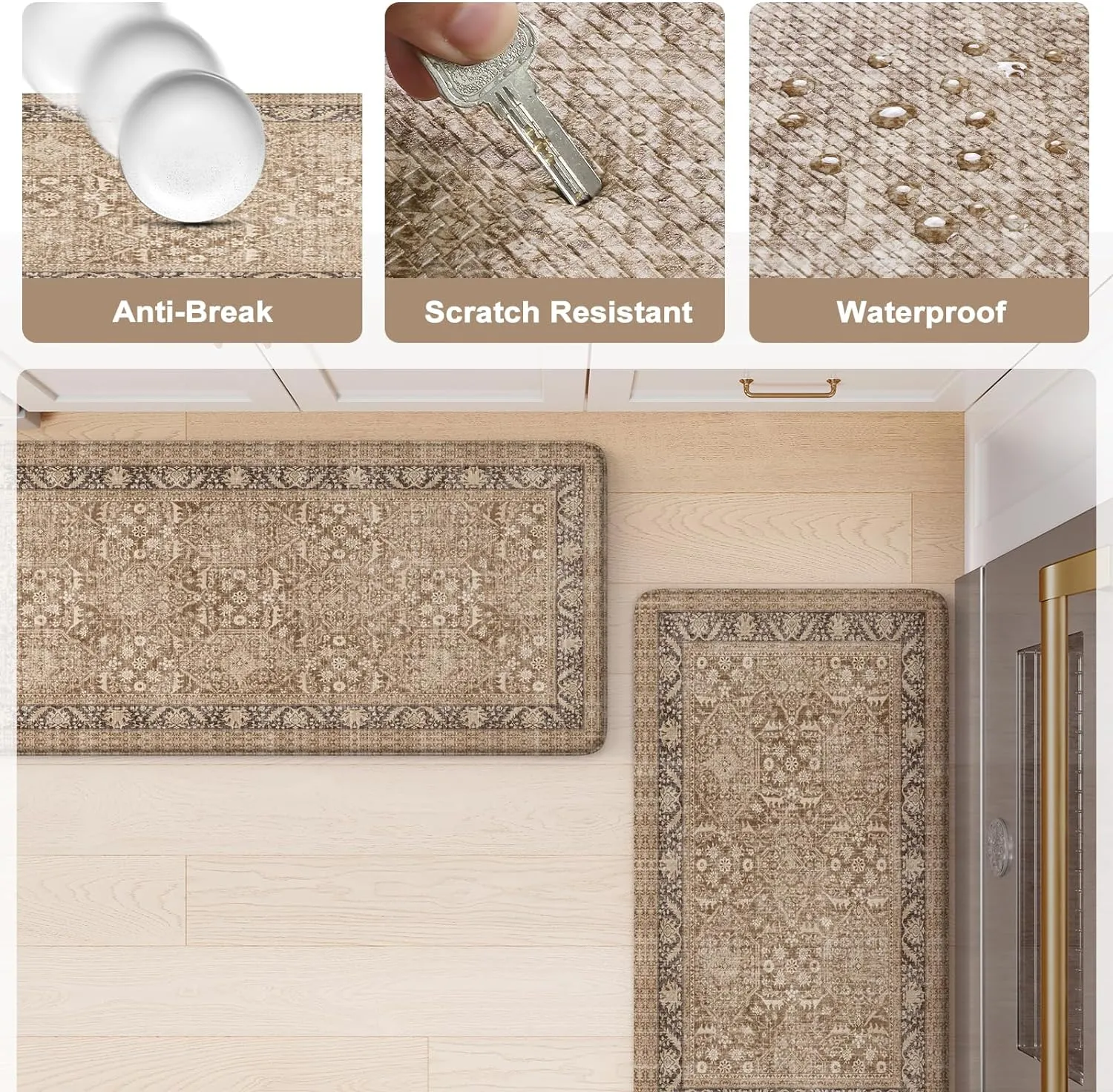 KIMODE Anti Fatigue Kitchen Mat, Boho Distressed Kitchen Rugs Sets of 2, Non Slip Kitchen Mat for Floor, Cushioned Comfort Standing Mat for Sink, Laundry, Office, Desk 17"x47" 17"x29"