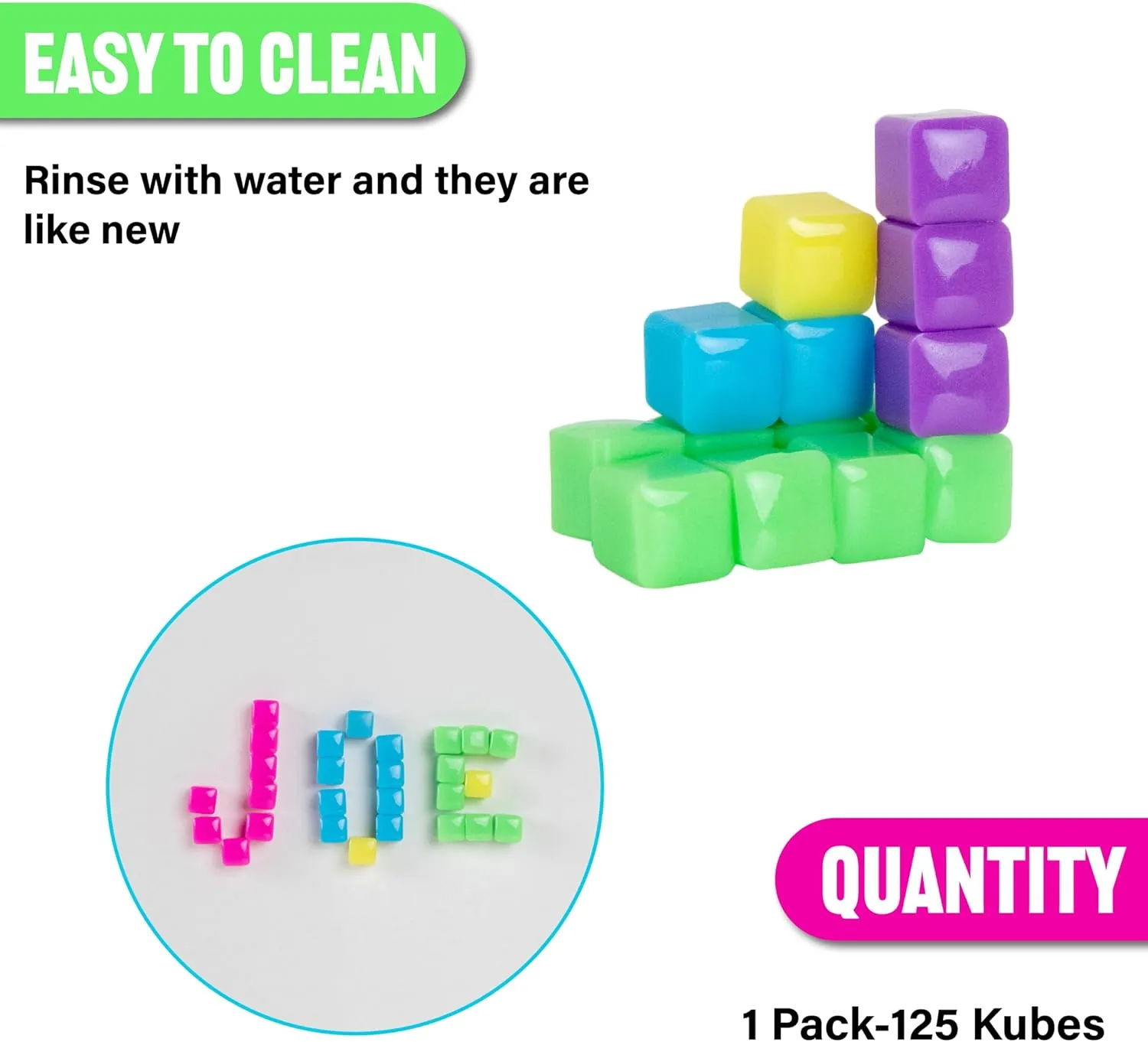 KOMARC GAMES StickiKubes, Mini Stacking Cubes That Stick to Anything, Non Toxic Kid Safe Sticky Blocks, Creative Construction Toy - 125 Cubes, 5 Neon Colors, Tub