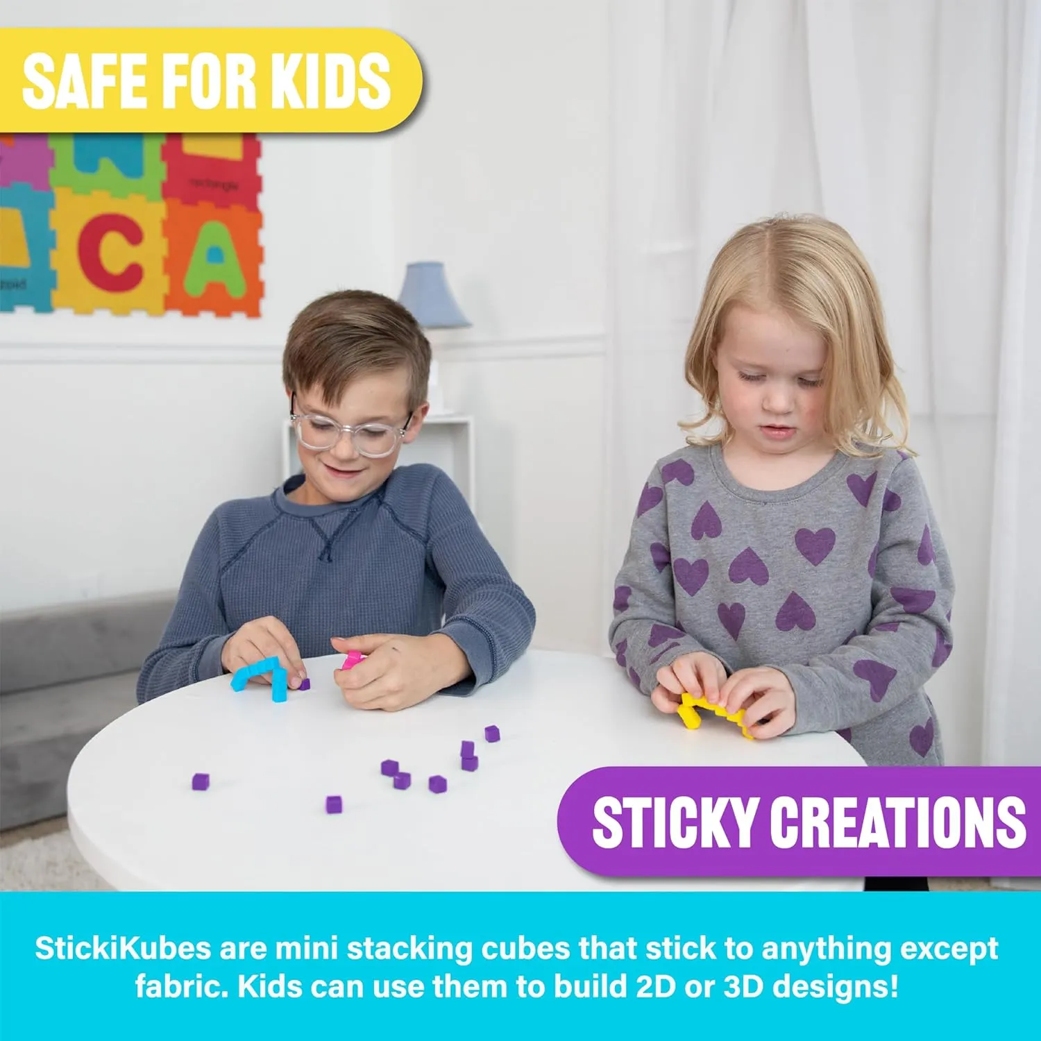 KOMARC GAMES StickiKubes, Mini Stacking Cubes That Stick to Anything, Non Toxic Kid Safe Sticky Blocks, Creative Construction Toy - 125 Cubes, 5 Neon Colors, Tub