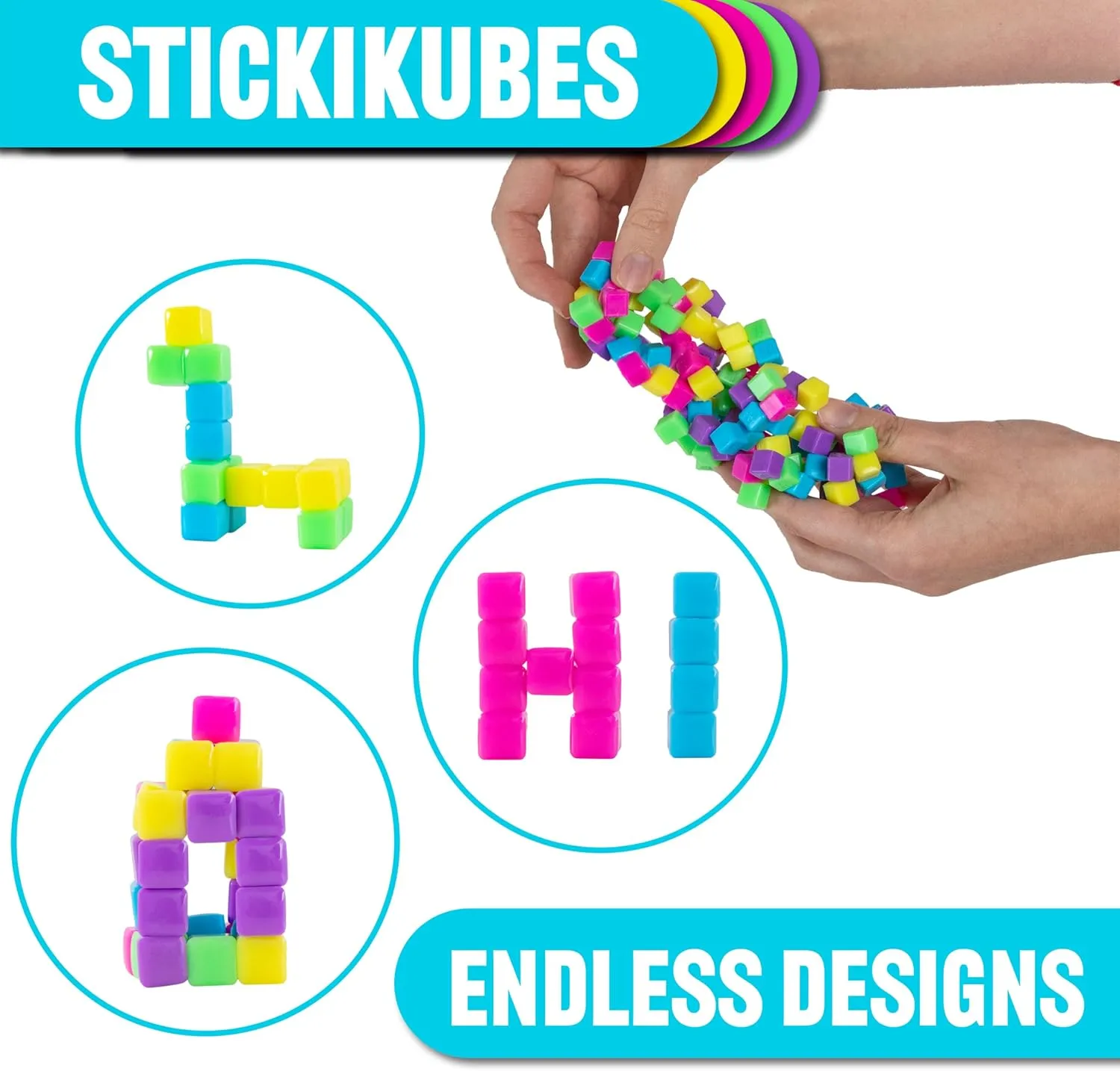 KOMARC GAMES StickiKubes, Mini Stacking Cubes That Stick to Anything, Non Toxic Kid Safe Sticky Blocks, Creative Construction Toy - 125 Cubes, 5 Neon Colors, Tub