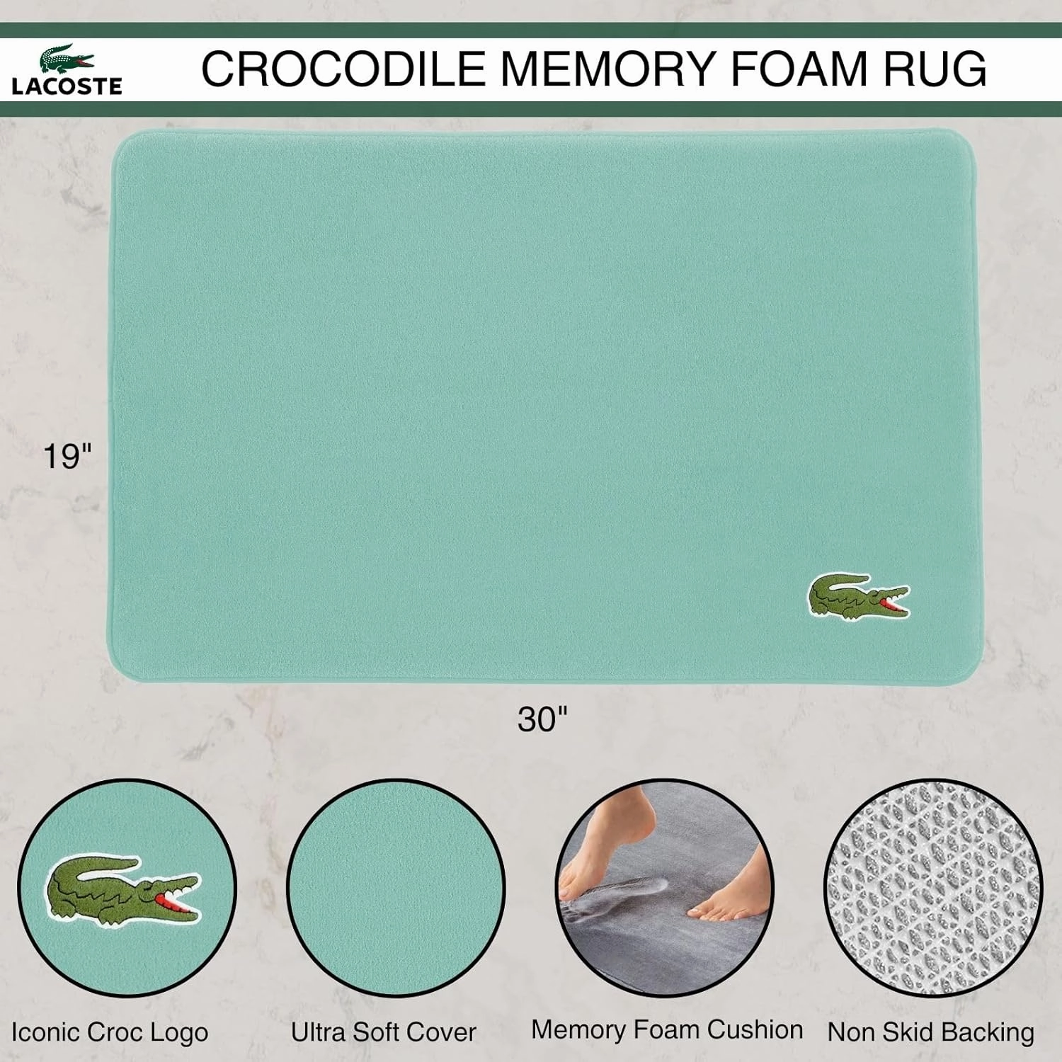 Lacoste Crocodile Memory Foam 19" x 30" Bath Rug, Beach Glass