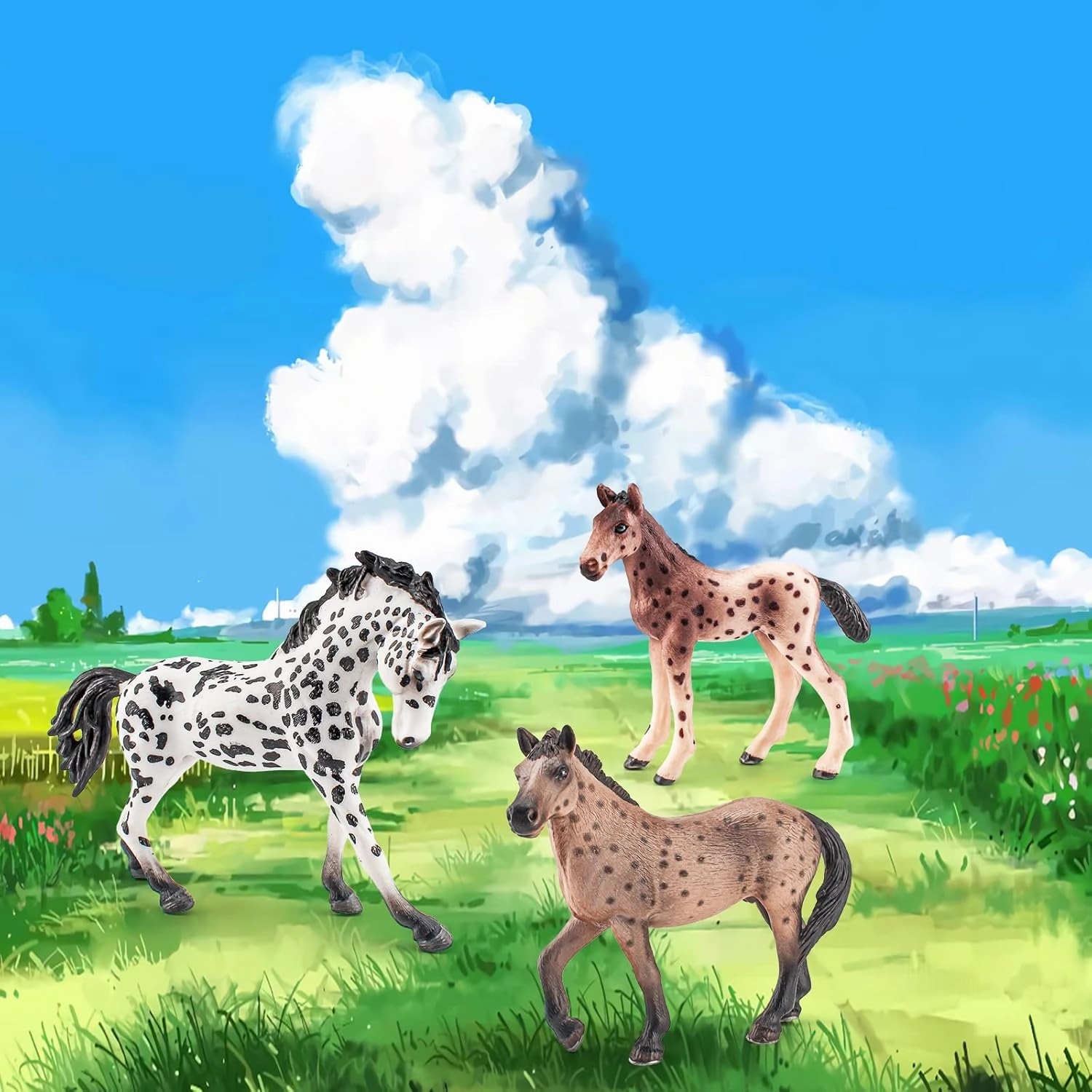 LC JoyCre 3PCS Realistic Horses Figurines - Knabstrupper Horse Toy for Girls and Boys - DIY Dioramas Collection
