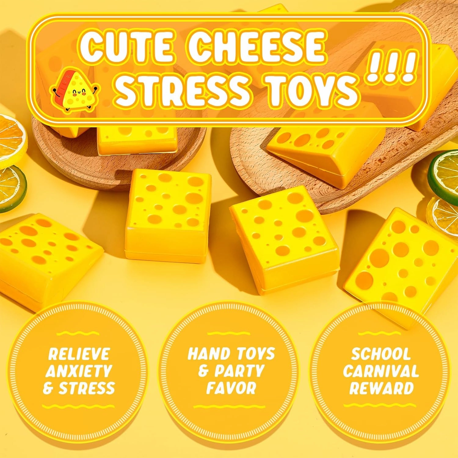 Libima 24 Pcs Cheese Stress Toys Bulk Fake Cheese Party Favors Foam Squeeze Stretchy Food Stress Ball Miniature Block for Kids Adults Anxiety Relief Fidget Toys Dollhouse Kitchen DIY Decor