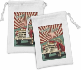 Lunarable Havana Fabric Pouch Set of 2, Vintage Design of Nostalgic Classic Retro Car Red and White Half Beam, Small Drawstring Bag for Toiletries Masks and Favors, 9" x 6", Pale Sea Green and Ruby