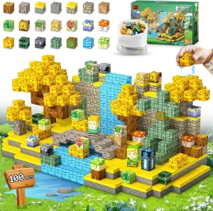 Magnetic Blocks Toys, 100PCS Magnetic Building Block Toys Based on Classic Games, STEM Magnets Sensory Toys for Kids, Magnetic Building Blocks Suitable for Boys Girls 4  (Yellow)