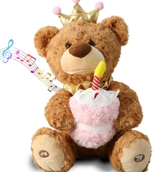 Marsjoy Musical Happy Birthday Teddy Bear with Glowing Cupcake, Animated Plush Toy Singing Dancing Talking Plush Bear Repeating What You Say Recording Toy Stuffed Animal Gift for Girl Kid