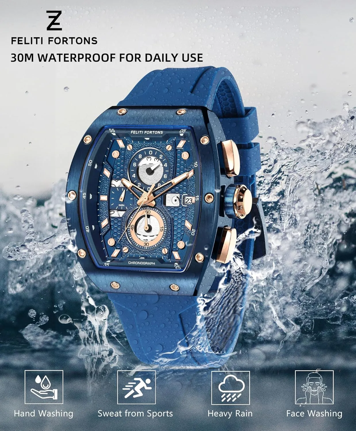 Mens Watches Sport Tonneau 3ATM Waterproof Chronograph Luminous Quartz Watches of Men Silicone Strap with Gift for Men