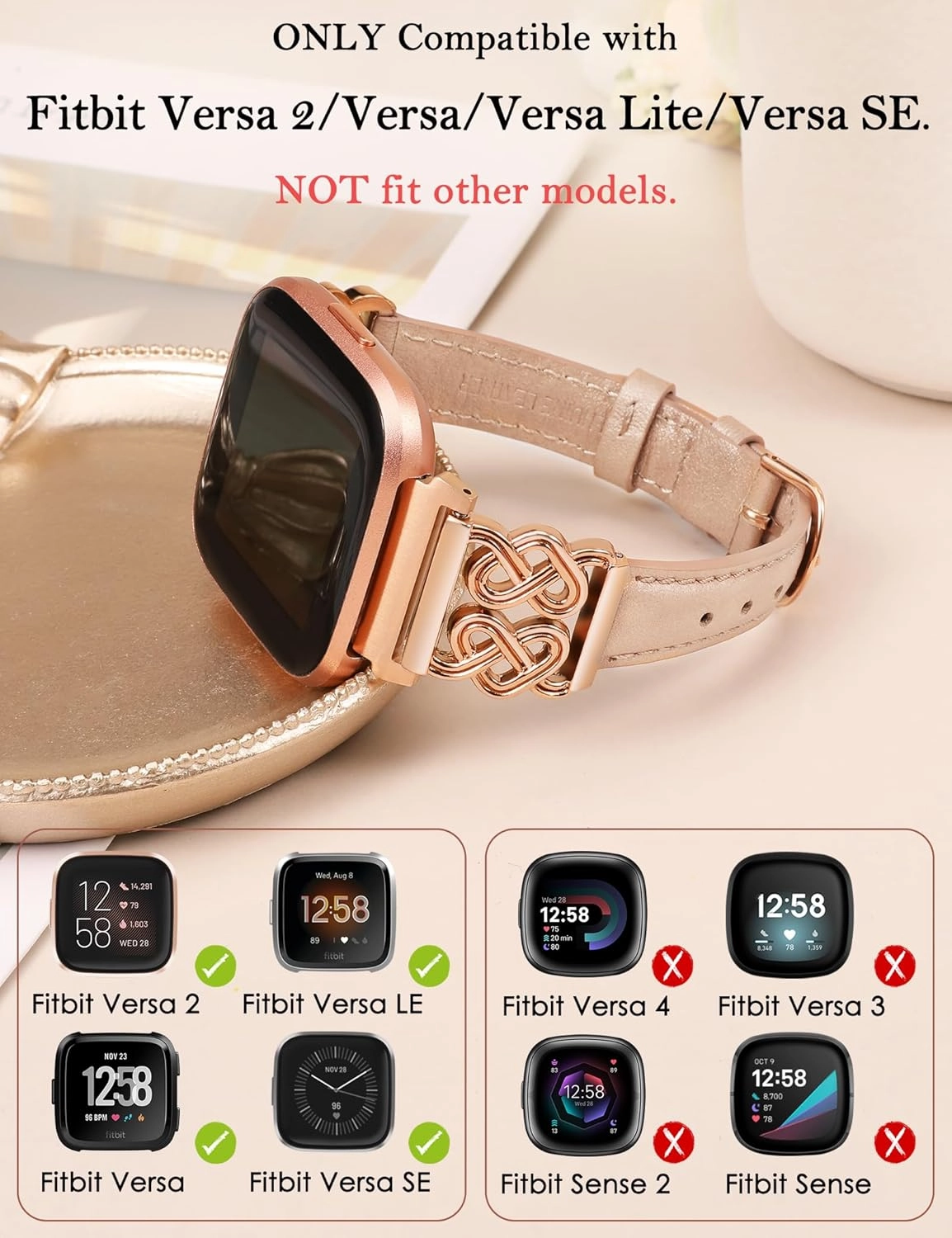 Minyee Leather Band Compatible with Fitbit Versa 2/Fitbit Versa Bands - Women's Dressy Slim Premium Leather Strap with Designer Celtic Heart Knot Buckle
