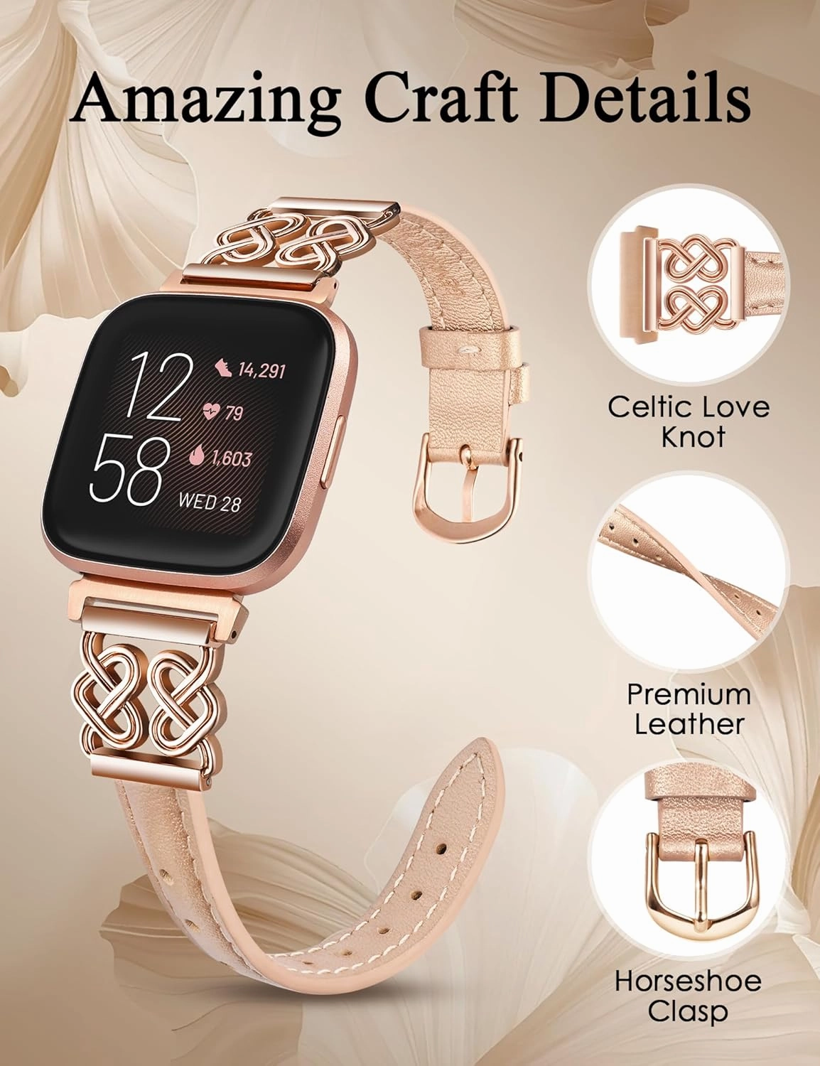 Minyee Leather Band Compatible with Fitbit Versa 2/Fitbit Versa Bands - Women's Dressy Slim Premium Leather Strap with Designer Celtic Heart Knot Buckle