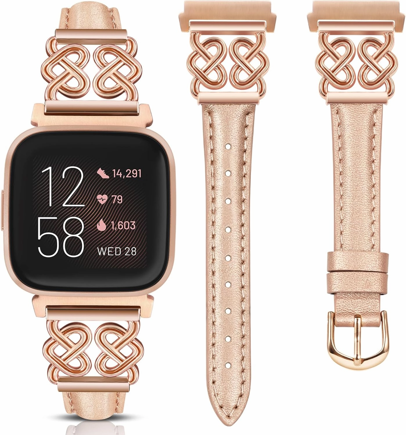 Minyee Leather Band Compatible with Fitbit Versa 2/Fitbit Versa Bands - Women's Dressy Slim Premium Leather Strap with Designer Celtic Heart Knot Buckle