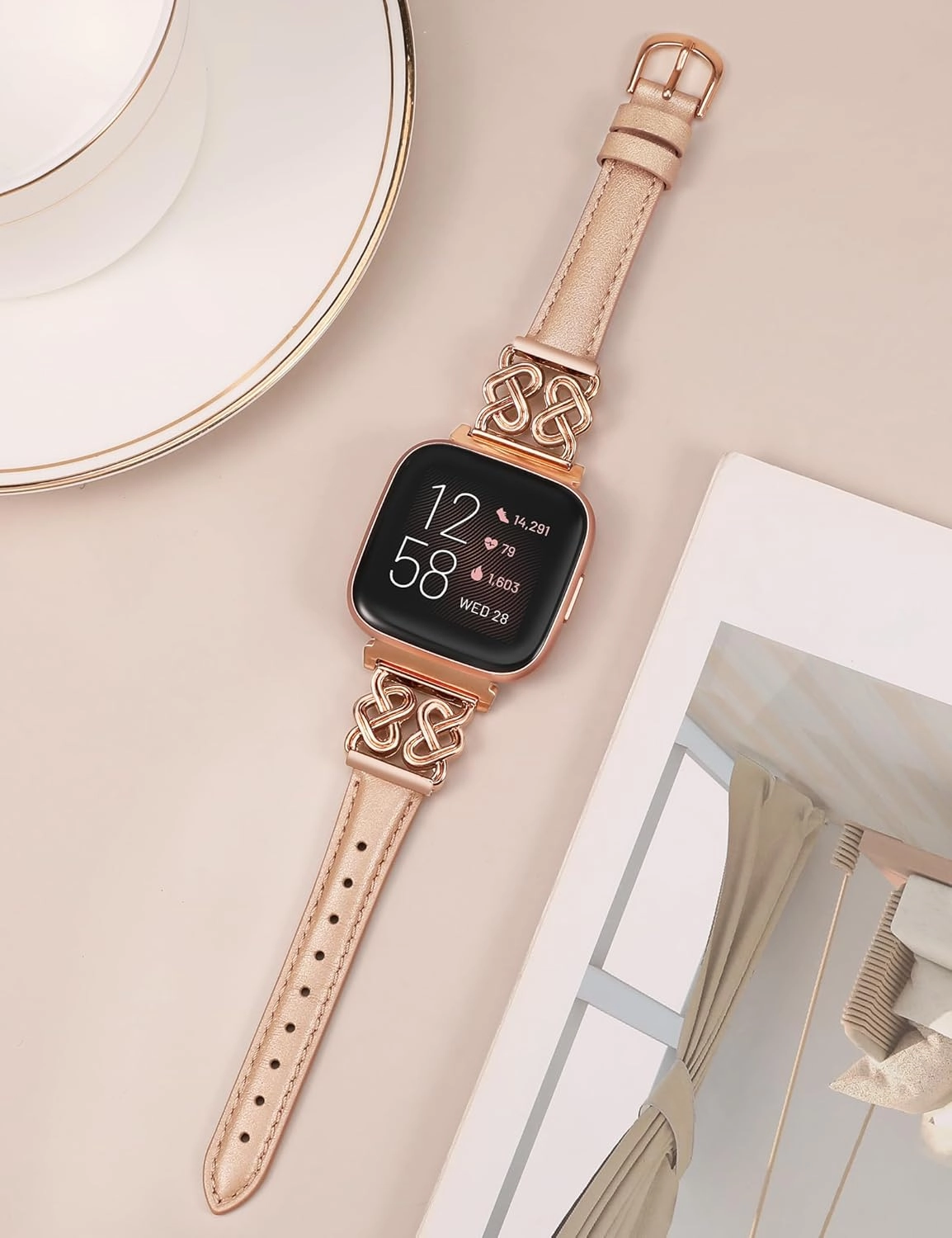 Minyee Leather Band Compatible with Fitbit Versa 2/Fitbit Versa Bands - Women's Dressy Slim Premium Leather Strap with Designer Celtic Heart Knot Buckle