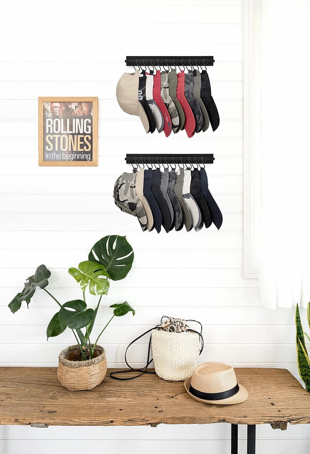 Mkono Hat Rack for Wall Wooden Baseball Caps Organizer with 20 Hooks Rustic Cowboy Hat Hanger Wall Mounted Caps Display Rack for Closet Bedroom Entryway, Set of 2, Black