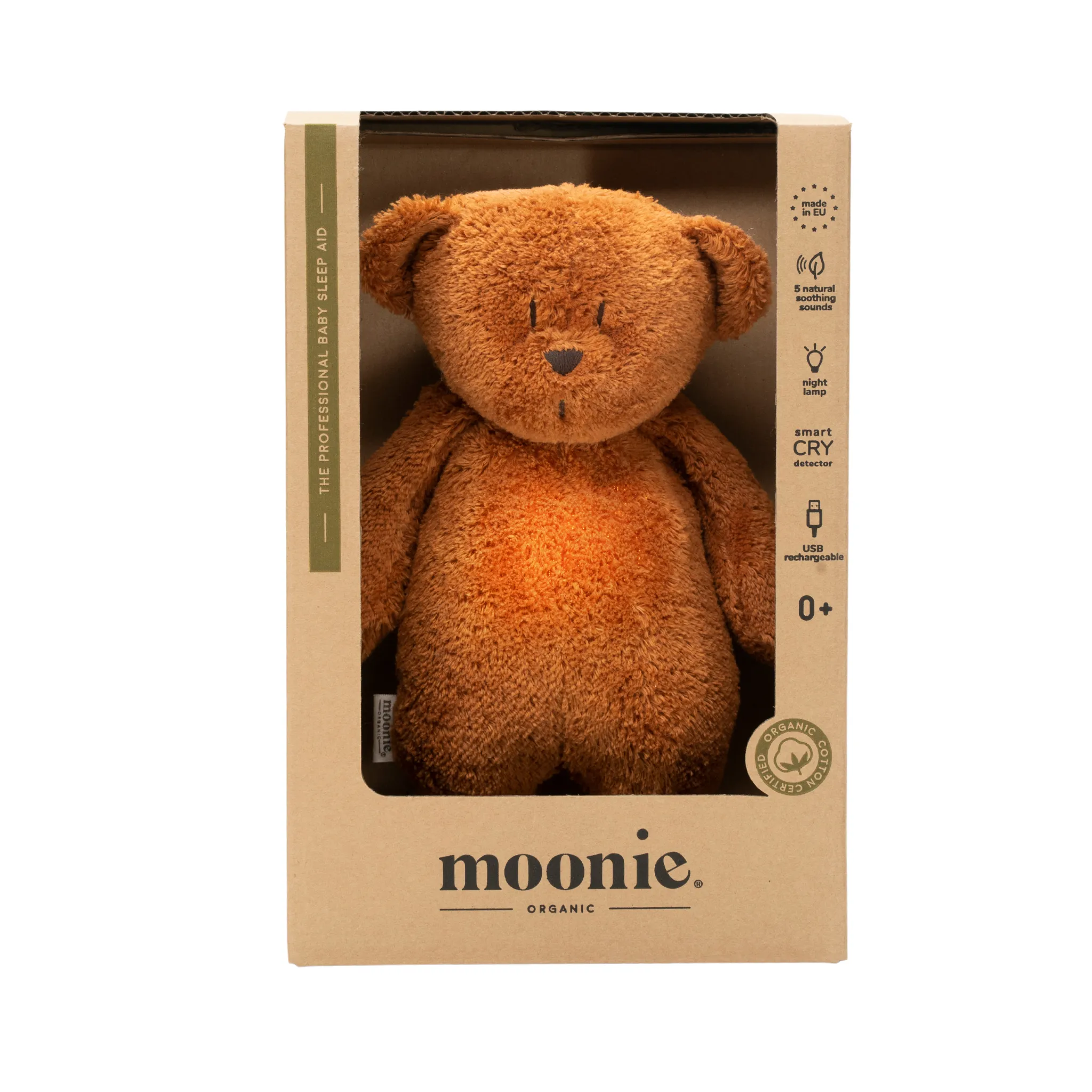 MOONIE ORGANIC HUMMING BEAR WITH NIGHT LIGHT | CARAMEL
