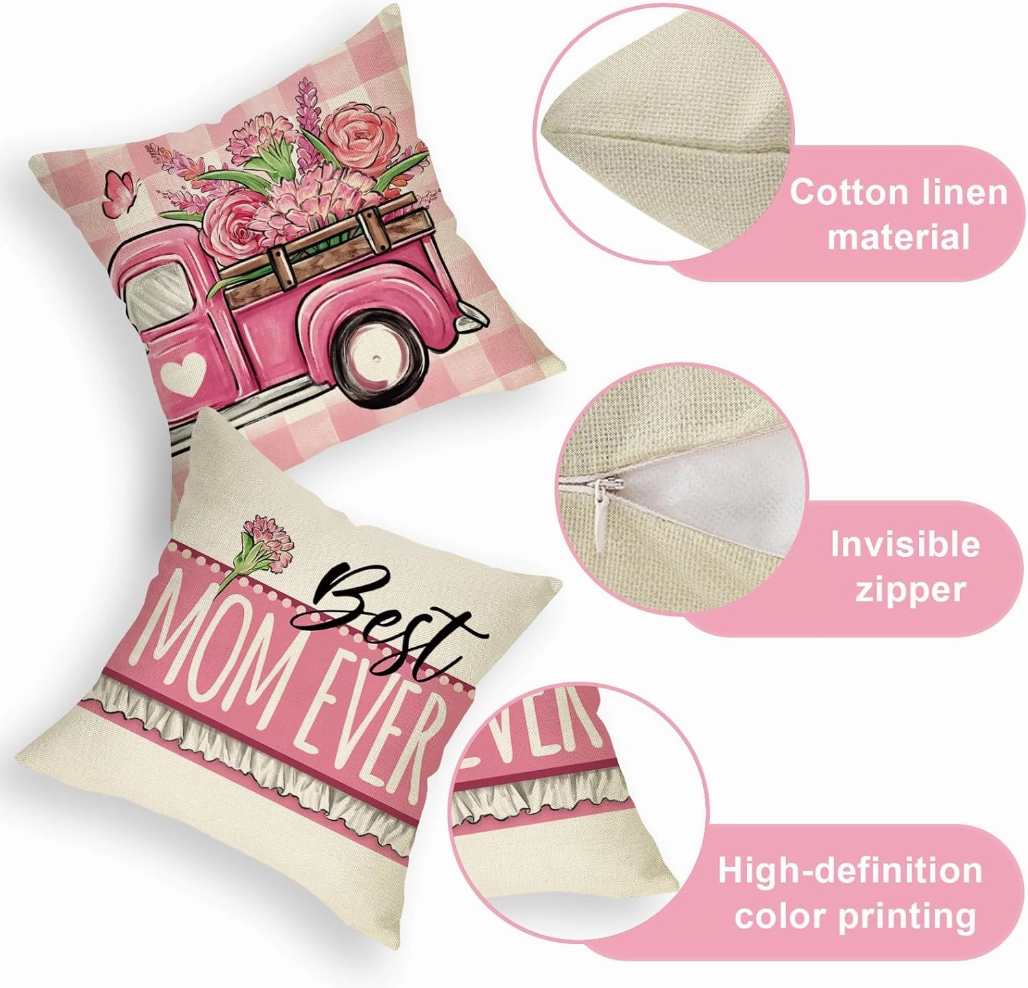 Mother's Day Gnome Decorative Throw Pillow Covers 18 x 18 Set of 4, Pink Truck Carnation Flower Mom I Love You Cushion Case Gifts, Best Mom Ever Plaid Farmhouse Home Decoration for Sofa Couch