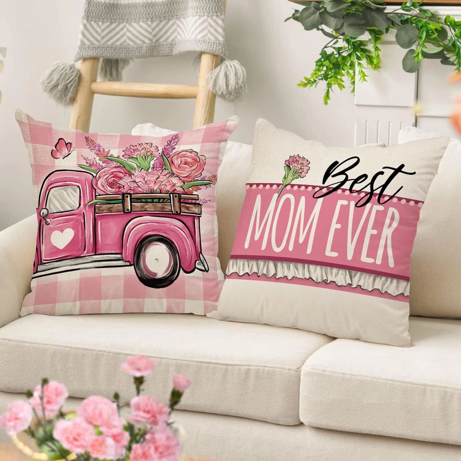 Mother's Day Gnome Decorative Throw Pillow Covers 18 x 18 Set of 4, Pink Truck Carnation Flower Mom I Love You Cushion Case Gifts, Best Mom Ever Plaid Farmhouse Home Decoration for Sofa Couch