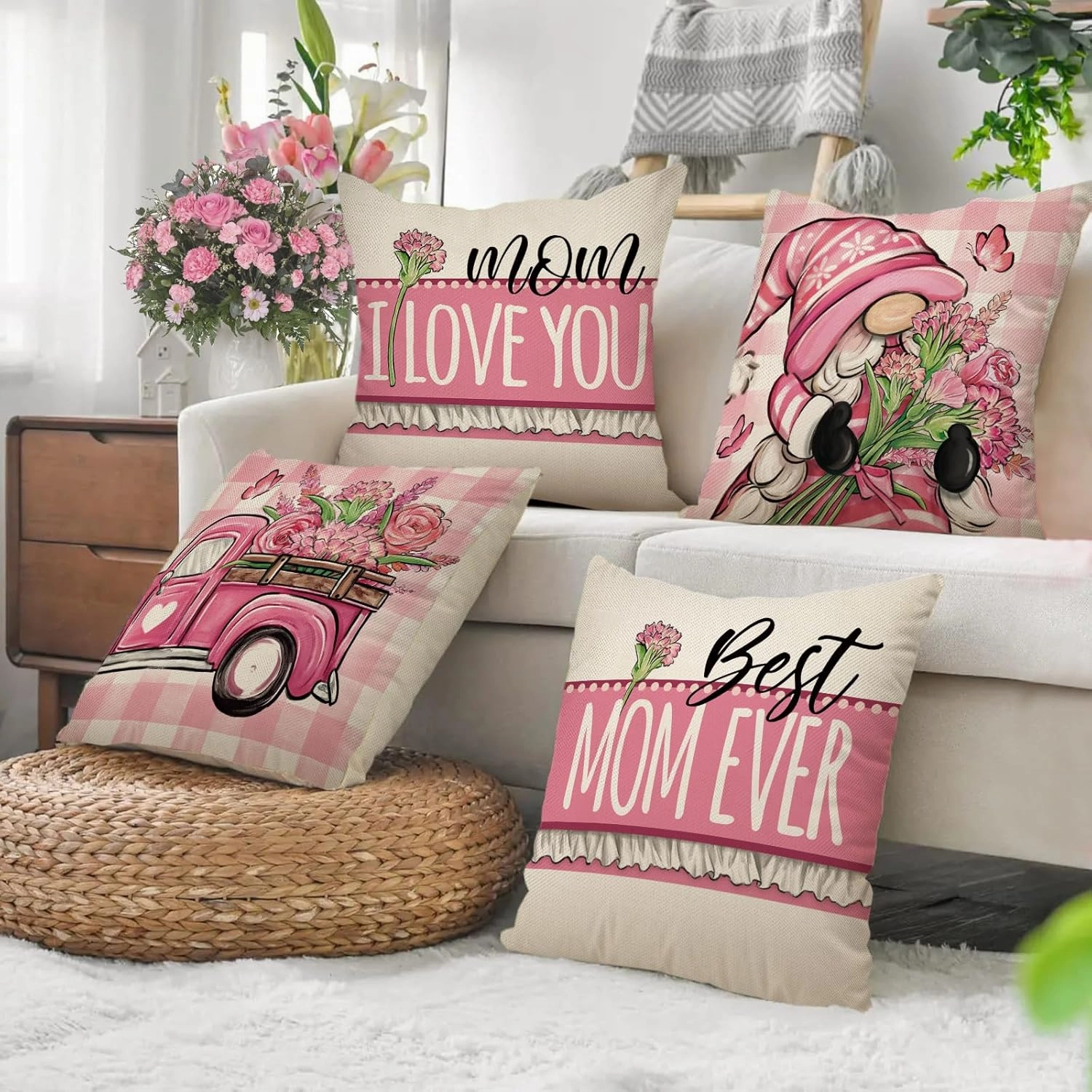 Mother's Day Gnome Decorative Throw Pillow Covers 18 x 18 Set of 4, Pink Truck Carnation Flower Mom I Love You Cushion Case Gifts, Best Mom Ever Plaid Farmhouse Home Decoration for Sofa Couch
