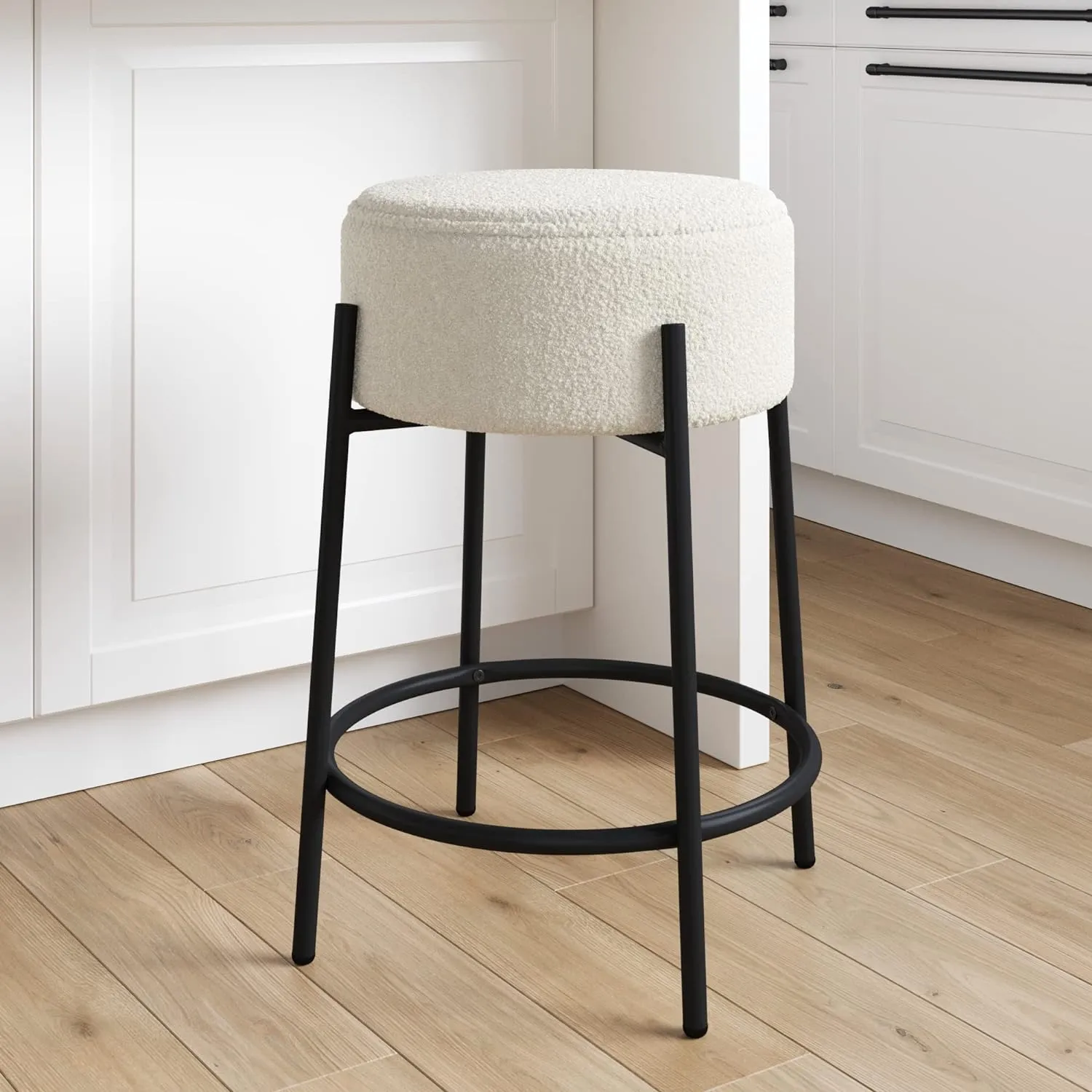 Nathan James Isaac 24" Modern Backless Bar Stool with Round Soft Padded Boucle Seat and Metal Mid-Century Base, Boucle White/Black