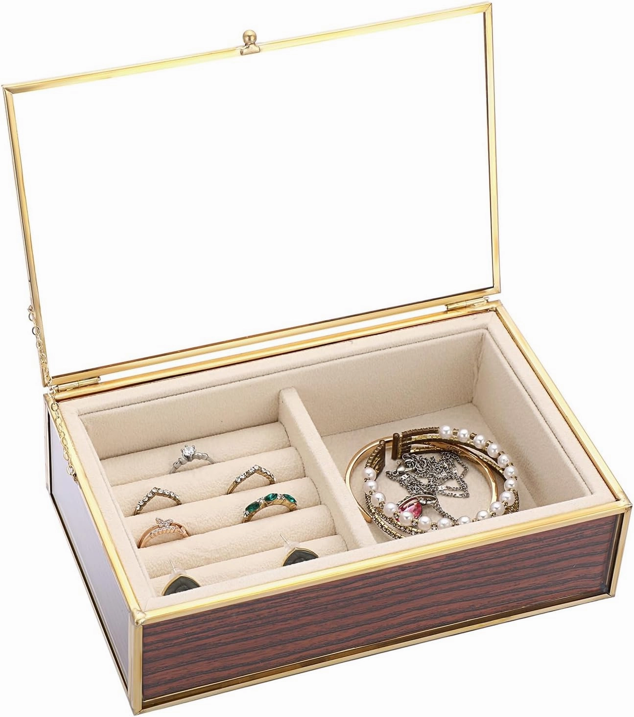 NFNSIG Jewelry Box, Mini Portable Transparent Glass Lid Soft Fleece Lining Travel Jewlery Case Organizer with Gold Frame for Earrings, Studs, Rings, Watches