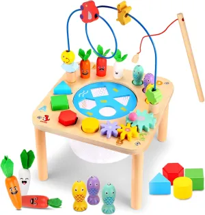 oathx Baby Activity Table for 1  Year Old, 6 in 1 Wooden Montessori Activity Center for 1st Birthday Gifts Boy Girl, Toddler Toys, Kids Sensory Play Table with Bead Maze Shape Sorter Fishing Game